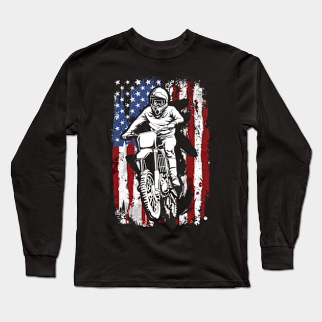 Motocross Dirt Bike American Flag Long Sleeve T-Shirt by KAWAIITEE